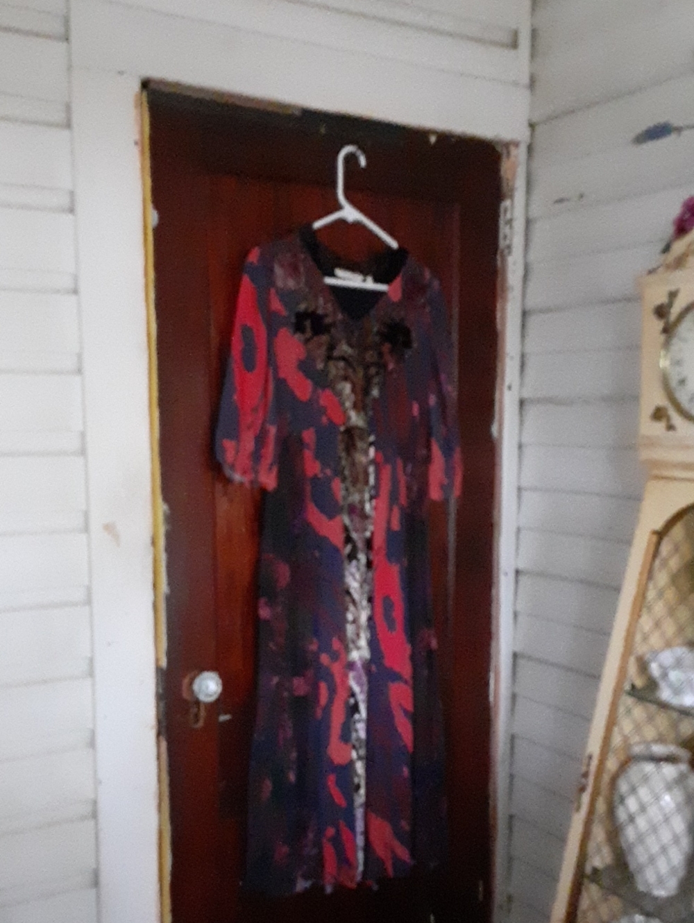 Women’s Floral Print Velvet Trim Maxi Dress in Red and Gray